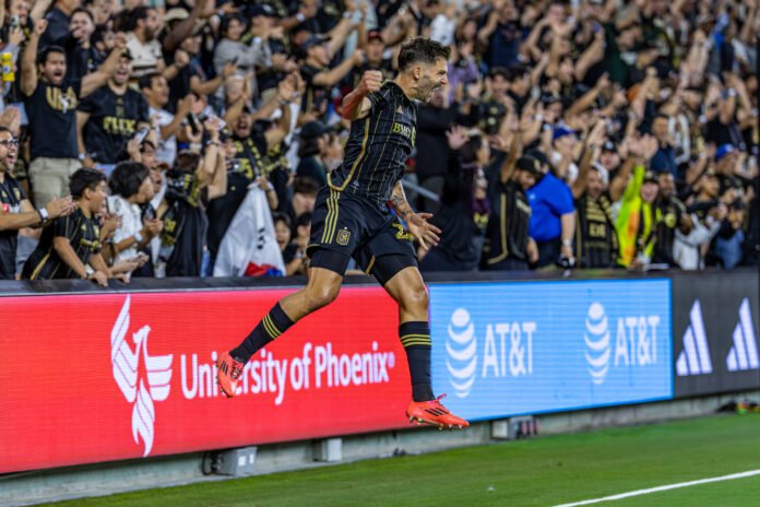 Hines-Ike celebrates his goal vs Austin FC on October 29th at BMO Stadium in Los Angeles