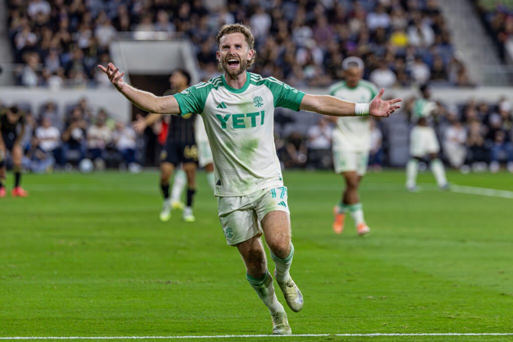 Jon Gallagher celebrates his goal vs LAFC on Oct 26th at BMO Stadium in Los Angeles Photo Credit: BZFilms Sports Marketing Agency - Bruno De Witt Zanotto