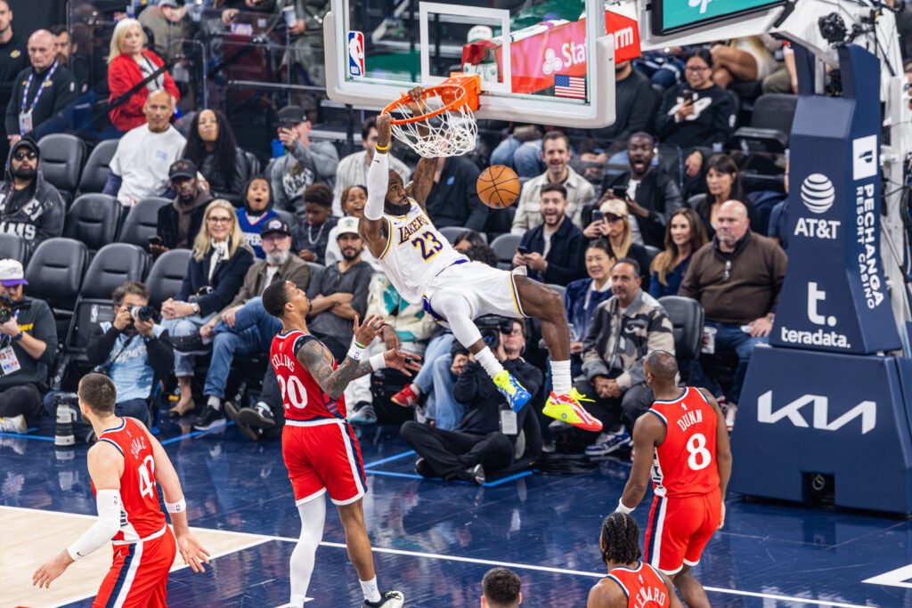 Los Angeles Lakers Lebron James #23 dunks during a basketball game vs the Los Angeles Clippers on December 15th, 2025, at the Intuit Dome in Inglewood California. Photo Credit - Bruno De Witt Zanotto for LAMomentum