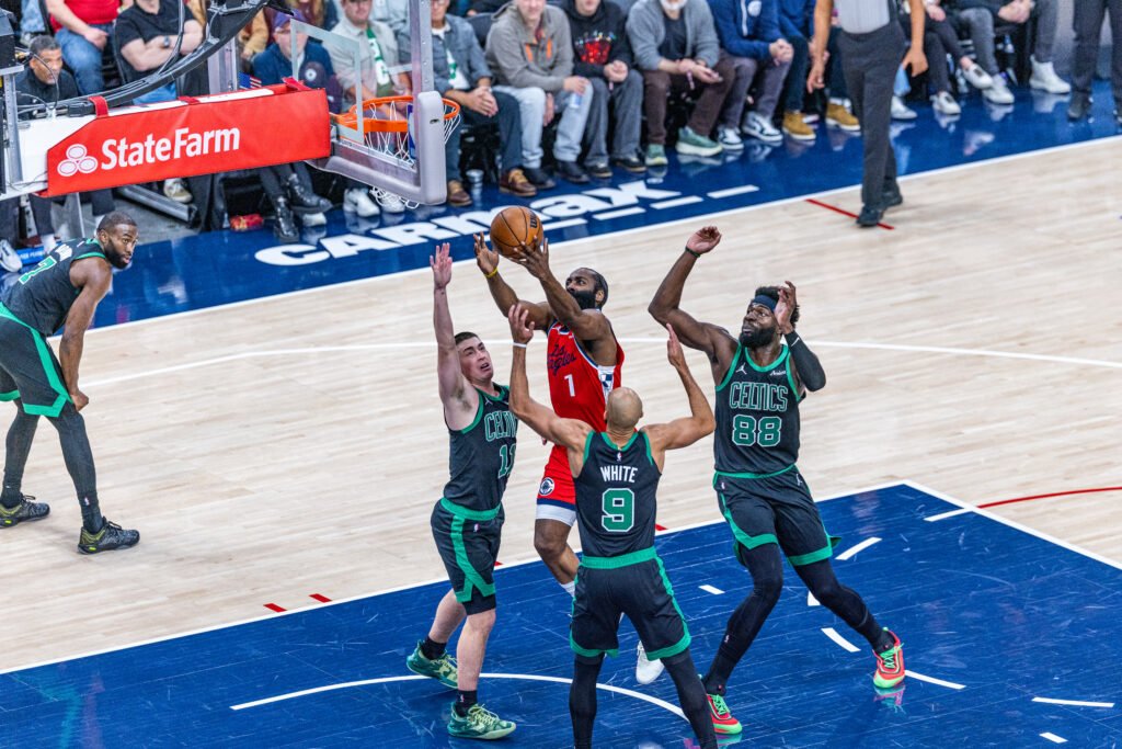 Los Angeles Clippers James Harden takes a shot at a basketball game vs Boston Celtics on January 3rd, 2026 at Intuit Dome Inglewood California