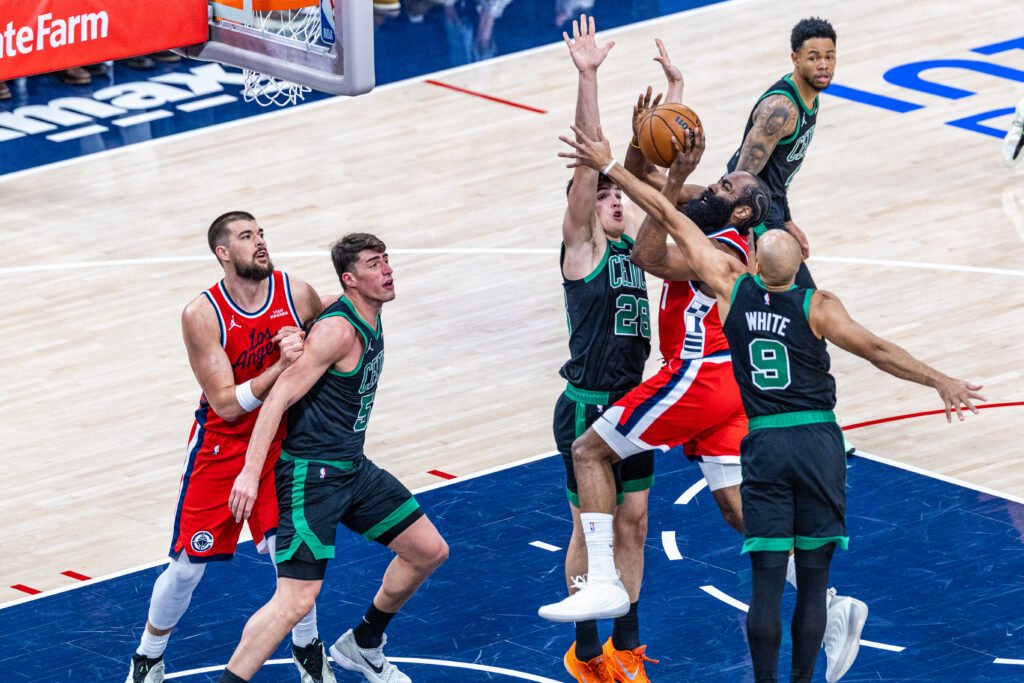 Los Angeles Clippers James Harden takes a shot at a basketball game vs Boston Celtics on January 3rd, 2026 at Intuit Dome Inglewood California