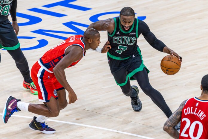 Boston Celtics Jalen Brown dribbles the ball at a game vs LA Clippers on January 3rd 2026 at Intuit Dome in Inglewood California.
