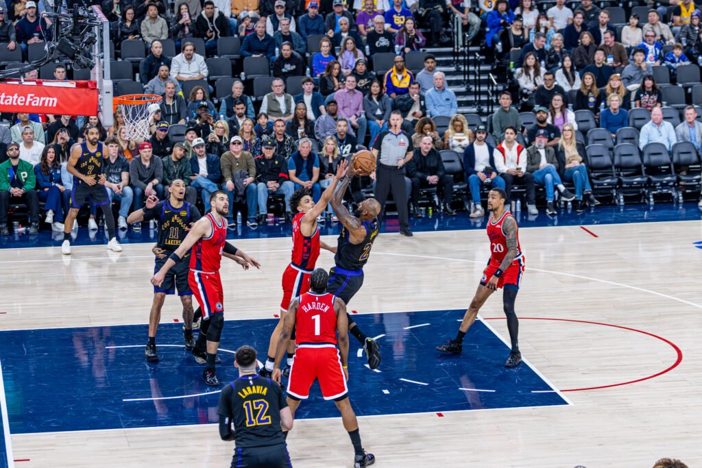 Los Angeles Lakers 23 Lebron James takes a shot at an NBA basketball game vs Los Angeles Clippers at Intuit Dome in Inglewood California - Photo Credit - BZFilms Sports Marketing Agency - Bruno De Witt Zanotto