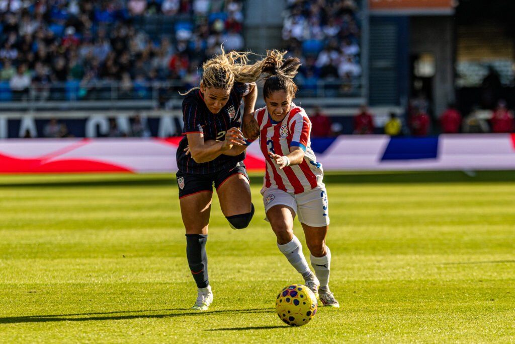 USWNT T. Rodman dribbles the ball at a international friendly match vs Paraguay at Dignity Health Sports Park on January 24th in Carson California - Photo Credit - BZFilms Sports Marketing Agency - Bruno De Witt Zanotto