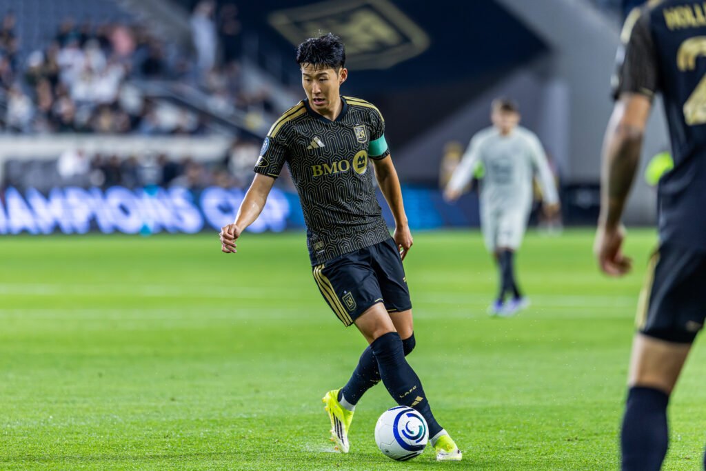 LAFC Son Heung-min dribbles the ball at a Concacaf Champions Cup match up vs Real Espana at BMO stadium on February 24th, 2026. Photo Credit - BZFilms Sports Marketing Agency - Bruno De Witt Zanotto