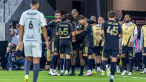 LAFC Nkosi Tafari celebrates his goal on a Concacaf Champions Cup playoff match vs Real Espana at BMO Stadium in Los Angeles on February 24th, 2026 - Photo Credit - BZFilms Sports Marketing Agency - Bruno De Witt Zanotto