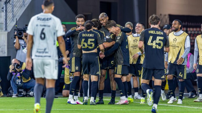 LAFC Nkosi Tafari celebrates his goal on a Concacaf Champions Cup playoff match vs Real Espana at BMO Stadium in Los Angeles on February 24th, 2026 - Photo Credit - BZFilms Sports Marketing Agency - Bruno De Witt Zanotto