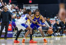 South Bay Lakers R.J Davis dribbles the ball during a NBA G-League basketball game at UCLA Health Training Center in Los Angeles - Photo Credit - BZFilms Sports Marketing Agency - Bruno De Witt Zanotto