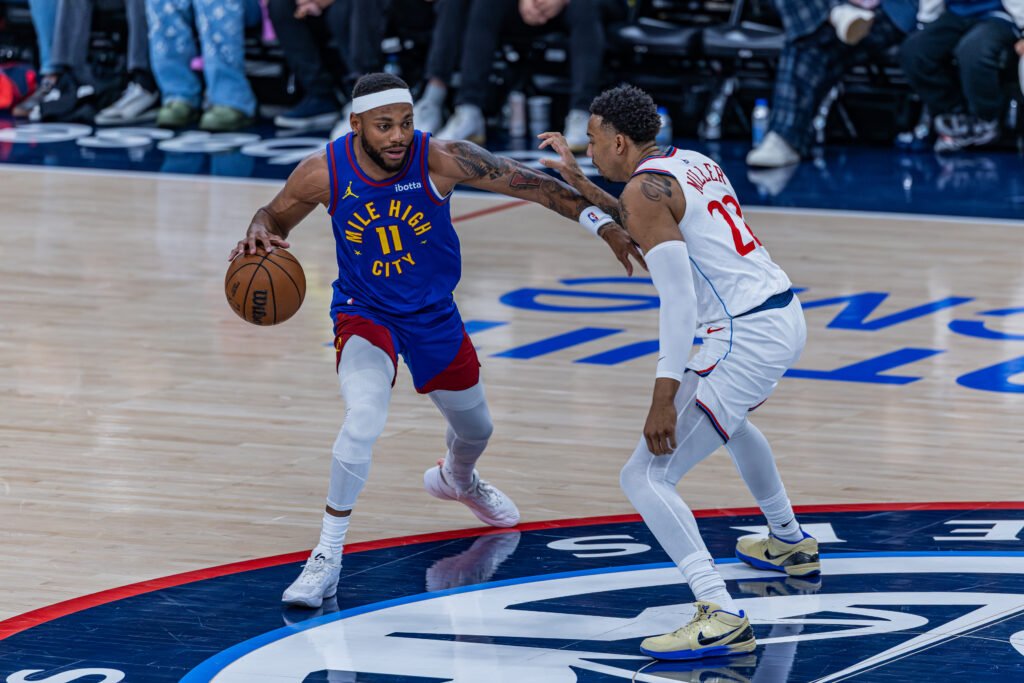 Denver Nuggets Bruce Brown dribbles the ball at a NBA basketball game vs Los Angeles Clippers at Intuit Dome in Inglewood California, Photo Credit - BZFilms Sports Marketing Agency - Bruno De Witt Zanotto