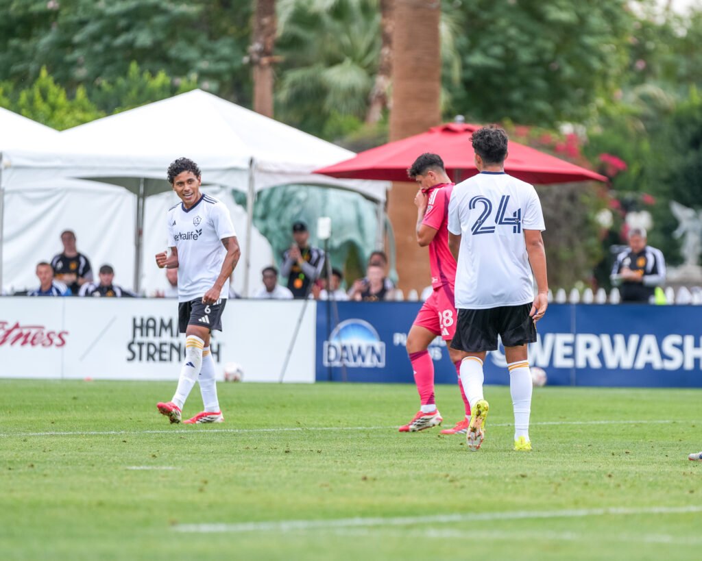 Los Angeles Galaxy Edwin Cerrillo and Ruben Ramos Jr. celebrate Galaxy goal vs St. Louis FC at Coachella Valley Invitational on February 11th, 2026 - Photo Credit - Angel Almada for LAMomentum