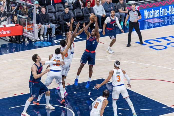 Los Angeles Clippers Kawhi Leonard (2) takes a jump shot at an NBA basketball game vs the New York Knicks at Intuit Dome in Inglewood California on March 9th, 2026 - Photo Credit - Bruno De Witt Zanotto
