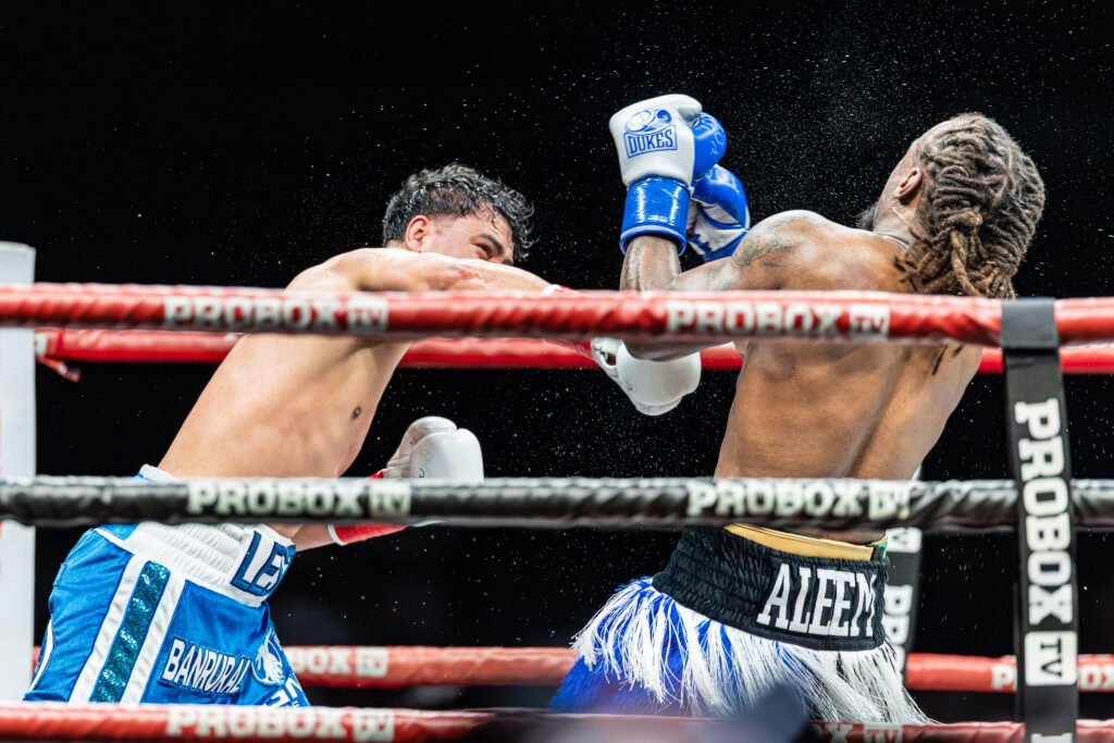 Lestor Martinez throws a punch at Aleem at a fight in San Bernadino California on March 21st, 2026 - Photo Credit - BZFilms Sports Marketing Agency - Bruno De Witt Zanotto