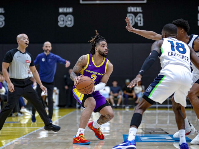 South Bay Lakers’ R.J. Davis (#2) locked in to reach a franchise-record for straight wins, vs. the Iowa Wolves at home on March 13th, 2026 Photo by: Daisy Lopez for LA Momentum