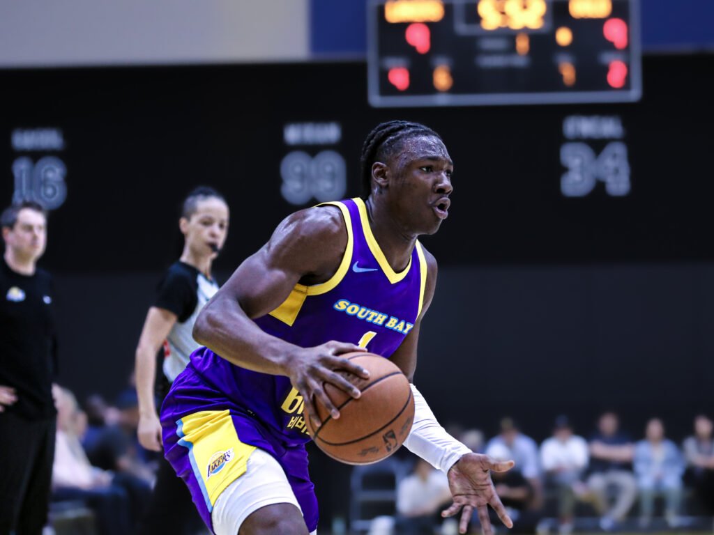 Adou Thiero (#1) radiating the feelings and energy that the entire South Bay Lakers roster is holding for the playoffs. (March 21, 2026). Picture Credit: Daisy Lopez