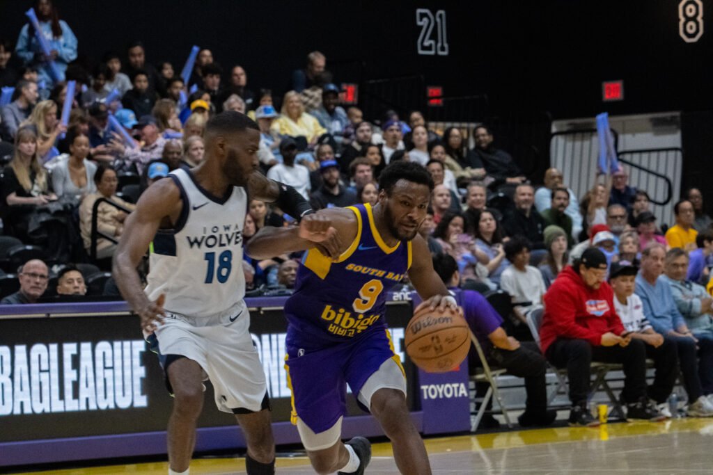 South Bay Lakers (9) Bronny James dribbles the ball at an NBAG League basketball game at UCLA Health Training Center in Los Angeles California on February 11th, 2026 - Photo Credit David
