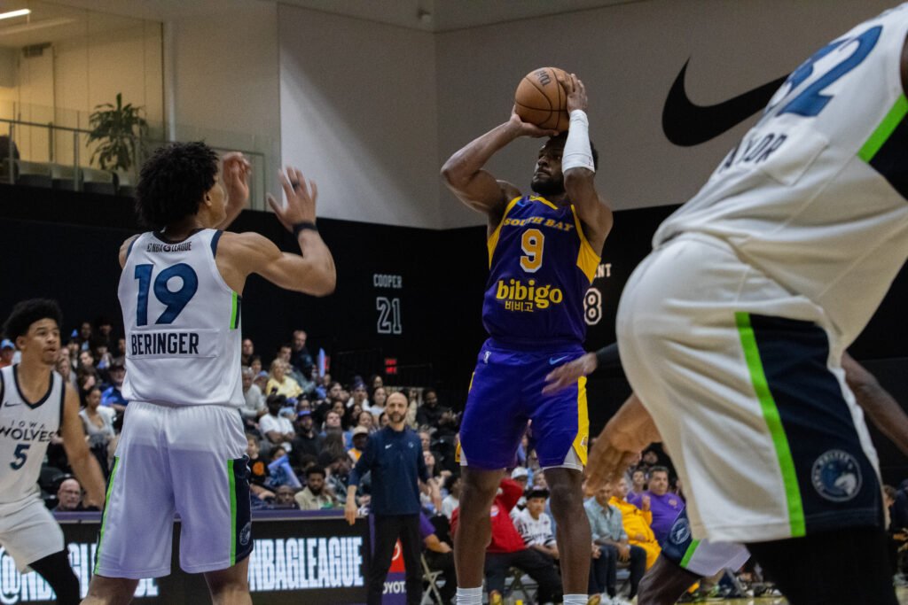 South Bay Lakers (9) Bronny James dribbles the ball at an NBAG League basketball game at UCLA Health Training Center in Los Angeles California on February 11th, 2026 - Photo Credit David