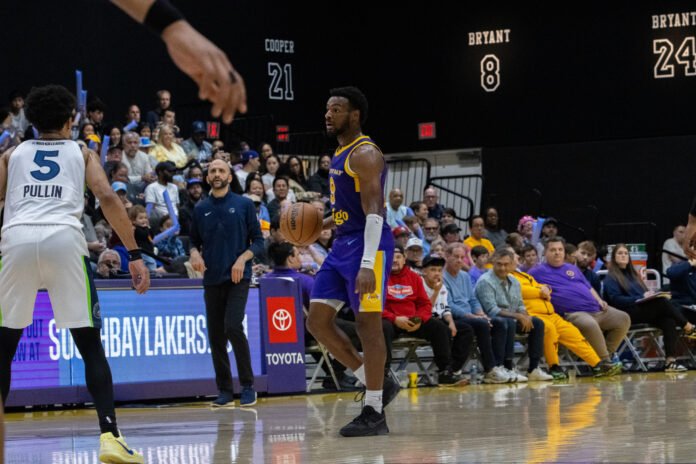 South Bay Lakers (9) Bronny James dribbles the ball at an NBAG League basketball game at UCLA Health Training Center in Los Angeles California on February 11th, 2026 - Photo Credit David