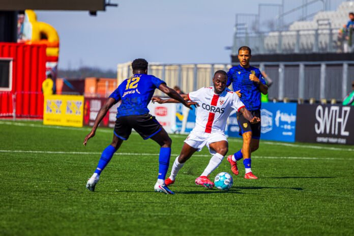 Loudoun United FC Kwame Awuah (6) dribbling past 2 Miami FC midfielders at Segra Field in a USL Champions game vs Miami FC in Loudoun, Virginia on March 21st 2026 - Photo Credit - Omar Yair Soto LAMomentum