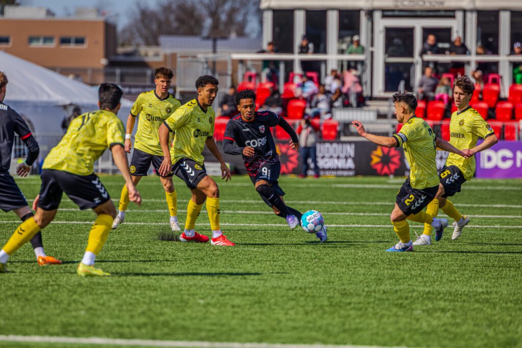 Loudoun United FC Arquímides Ordóñez (9) with a quick ball recovery at an USL Championship game vs Pittsburgh Riverhounds SC at Segra Field in Loudoun, Virginia on March 14th, 2026 - Photo Credits - Omar Yair Soto for LAMomentum