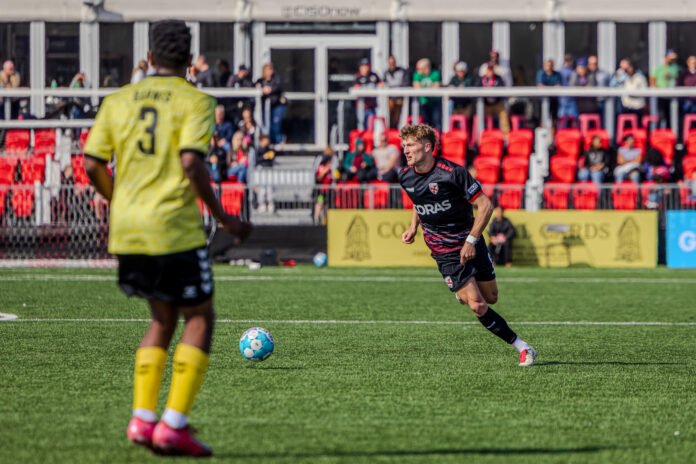Loudoun United FC Sal Mazzaferro (5) dribbles the ball at a USL Championship match vs Pittsburgh Riverhounds SC in Segra Field in Loudoun, Virginia on March 14th, 2026 - Photo Credit - Omar Yair Soto for LAMomentum