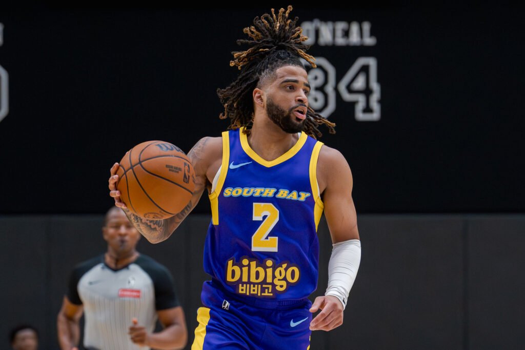 South Bay Lakers R.J. Davis (2) Dribbles the ball at a NBA G League basketball at at UCLA Training Center vs Stockton Kings on March 25th, 2026 - Photo Credit - Joao Portugal for LAMomentum