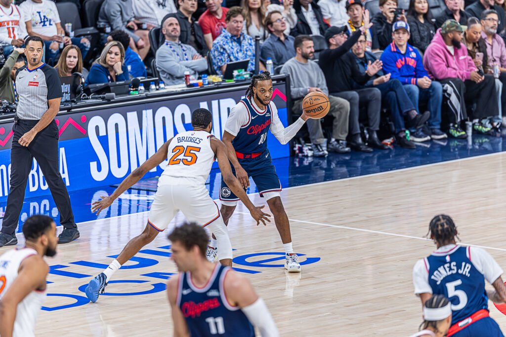 Los Angeles Clippers Darius Garland (10) dribbles the ball at an NBA basketball game vs the New York Knicks at Intuit Dome in Inglewood California on March 9th, 2026 - Photo Credit - BZFilms Sports Marketing Agency - Bruno De Witt Zanotto