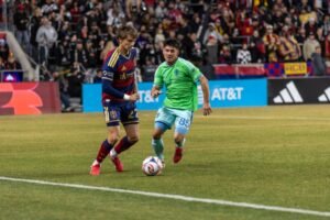 Real Salt Lake Sergi Solans dribbles the ball at an MLS Game America First Field in Sandy, Utah on February 28th, 2026 - Photo Credit - David Hermandez