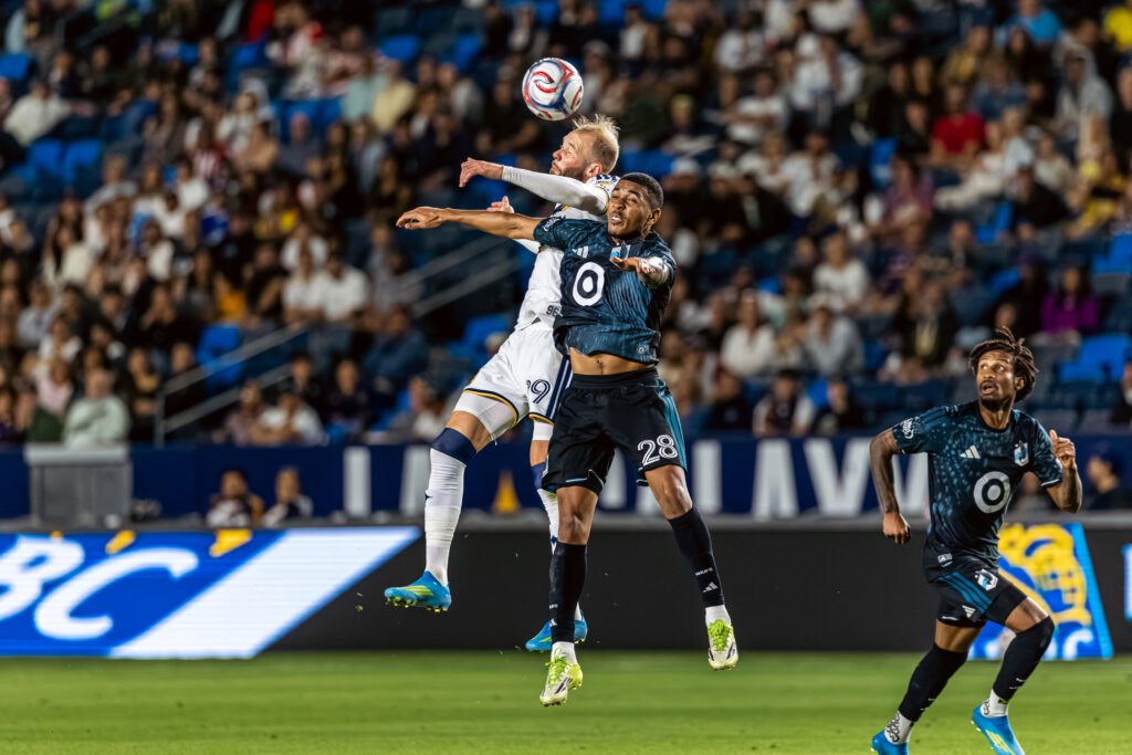 Los Angeles Galaxy Joao Klauss (99) headers the ball at an MLS game vs Minnesota United at Dignity Health Sports Park on April 4th, 2026 - Photo Credit - BZFILMS Sports Marketing Agency - Bruno De Witt Zanotto