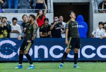 LAFC Denis Bouanga and son heung-min celebrate LAFC goal on a concacaf quarter-finals match up vs Cruz Azul at BMO Stadium in Los Angeles on April 7th, 2026 - Photo Credit - BZFilms Sports Marketing Agency - Bruno De Witt Zanotto