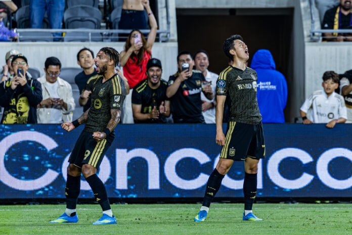 LAFC Denis Bouanga and son heung-min celebrate LAFC goal on a concacaf quarter-finals match up vs Cruz Azul at BMO Stadium in Los Angeles on April 7th, 2026 - Photo Credit - BZFilms Sports Marketing Agency - Bruno De Witt Zanotto
