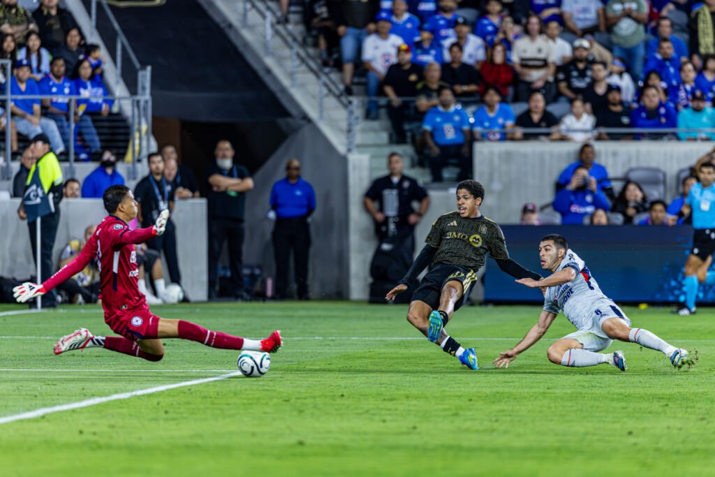 LAFC David Martinez takes a shot at a concacaf quarter-finals match up vs Cruz Azul at BMO Stadium in Los Angeles on April 7th, 2026 - Photo Credit - BZFilms Sports Marketing Agency - Bruno De Witt Zanotto