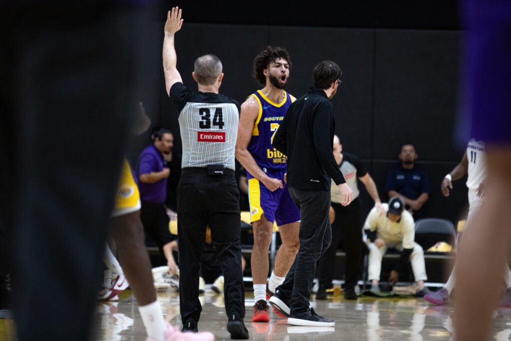Anton Watson (#22) for South Bay Lakers against Stockton Kings, securing the 3 pointers needed to keep the lead on April 5, 2026. Photo Credit: Daisy Lopez