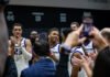 Dexter Dennis (#9) for the Stockton Kings lifting the trophy, honoirng their win in the Western Conference against the South Bay Lakers on April 5, 2026. Photo Credit: Daisy Lopez