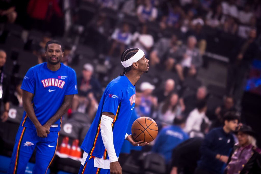 Shai Gilgeous-Alexander (#2) for OKC Thunder preparing for the match against the LA Clippers on April 8, 2026. Photo Credit: Daisy Lopez