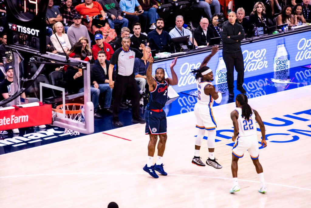 Kawhi Leonard (#2) posting 3 pointers for the LA Clippers on April 8, 2026. Photo Credit: Daisy Lopez