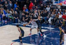 Los Angeles Clippers Brook Lopez (11) dribbles the ball at an NBA regular season game vs the Golden State Warriors at Intuit Dome in Inglewood California on April 12, 2026 - Photo Credit - BZFilms Sports Marketing Agency - Bruno De Witt Zanotto
