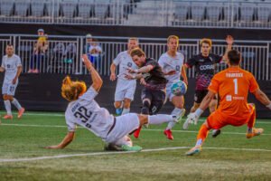Loudoun United FC's Thorleifur Úlfarsson (17) shoots through the defense to score the equalizer before the ending of the half in a USL Champions game vs Louisville City FC at Segra Field in Loudoun, Virginia on April 10th, 2026 - Photo Credit - Omar Yair Soto with LAMomentum
