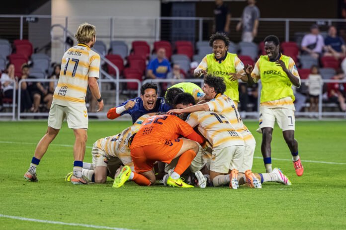 One Knoxville SC Celebrating after defeating DC United in penalties 6-5 in the Lamar US Open Cup at Audi Field in Washington DC on April 15th, 2026 - Photo Credits - Omar Yair Soto with LAMomentum
