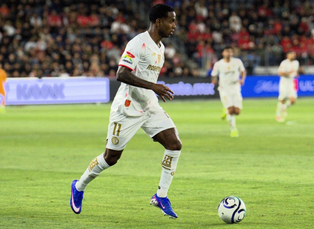 Helinho advances with the ball during the Concacaf Champions Cup semifinal match between Deportivo Toluca FC and Los Angeles FC at BMO Stadium in Los Angeles, California on April 29, 2026. Photo Credit - Joao Portugal for LAMomentum