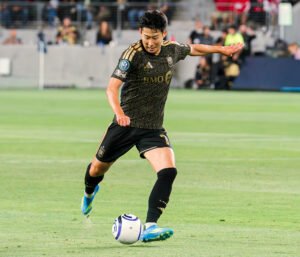Heung-Min Son of Los Angeles FC strikes the ball during the first leg of the Concacaf Champions Cup Semifinal against Toluca on April 29, 2026, at BMO Stadium in Los Angeles, California. - Joao Portugal for LAMomentum.