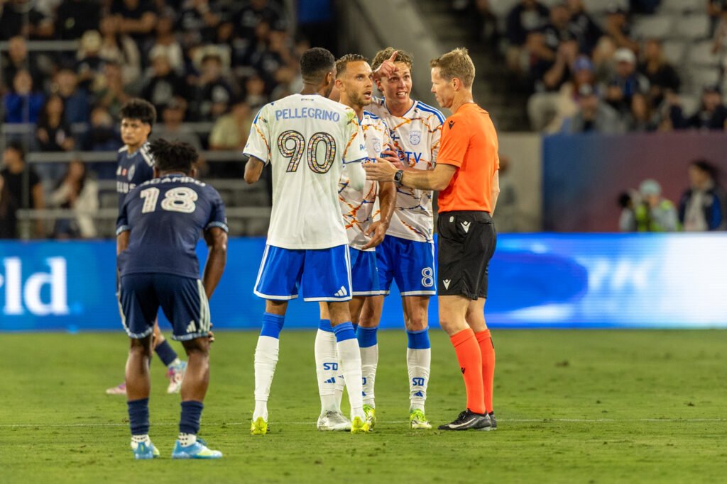 SAN DIEGO FC vs VANCOUVER WHITECAPS FC May 23, 2026 A costly moment as San Diego FC goes down to 10 men after Luca Bombino (27) gets his second yellow card at Snapdragon Stadium in San Diego, CA - photo by Adrian Perez of LAMomentum