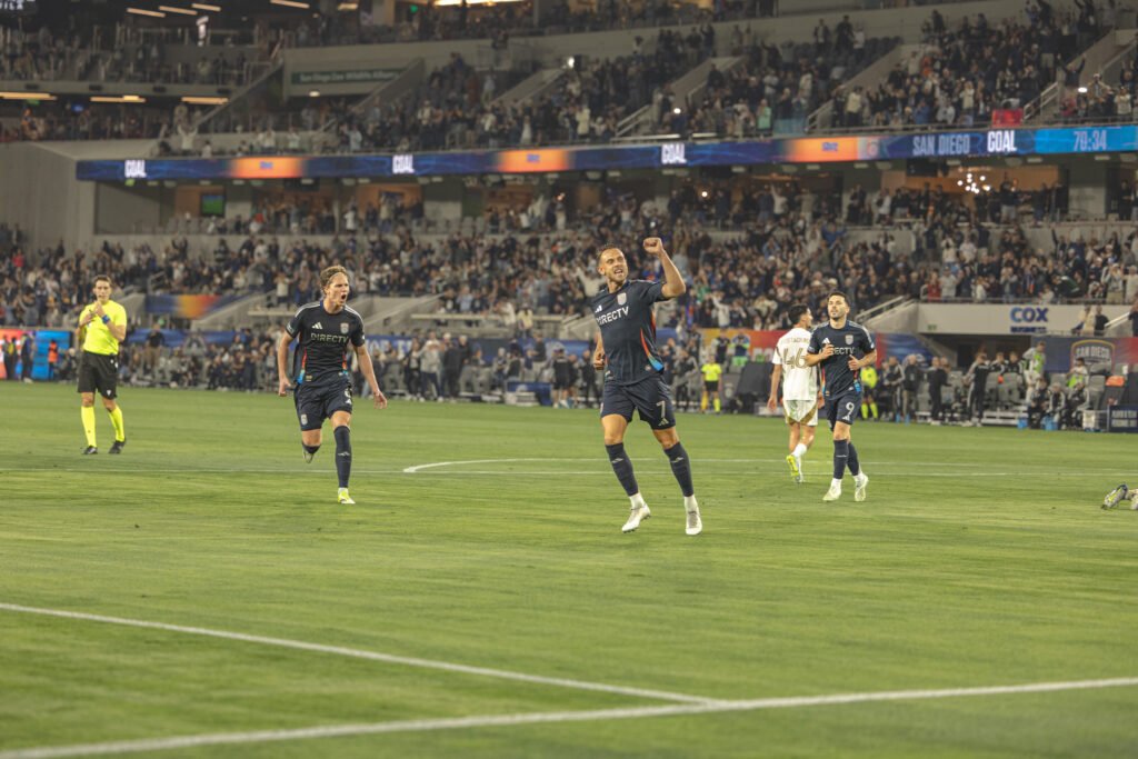 San Diego FC’s Onni Valakari (8) runs toward Marcus Ingvarsten (7) to celebrate going up 2-0 against LAFC on May 2, 2026 at Snapdragon Stadium in San Diego, CA. - Adrian Perez for LAMomentum