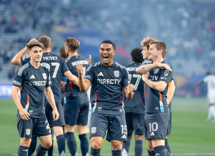 SAN DIEGO FC vs AUSTIN FC May 13,2026 San Diego FC celebrates the second of their 5 goals of the night at Snapdragon Stadium in San Diego, CA - photo by Adrian Perez of LAMomentum