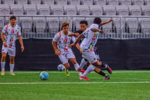 Loudoun United's Arquímides Ordóñez getting past 2 Oakland defenders at a USL Championship game at Segra Field in Loudoun, Virginia on May 3rd 2026 - Photo Credit - Omar Yair Soto with LAMomentum