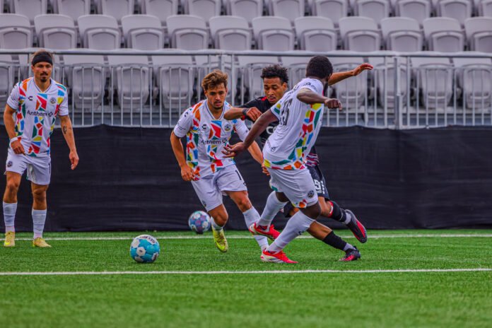 Loudoun United's Arquímides Ordóñez getting past 2 Oakland defenders at a USL Championship game at Segra Field in Loudoun, Virginia on May 3rd 2026 - Photo Credit - Omar Yair Soto with LAMomentum