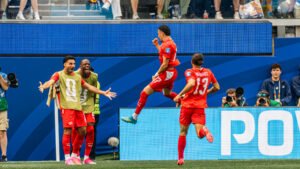 Ruben Vargas (17) Switzerland celebrates his goal that gives the 2-0 lead vs Bosnia at Sofi Stadium in Inglewood California on June 18th, 2026 Photo Credit - BZFilms Sports Marketing Agency - Bruno De Witt Zanotto