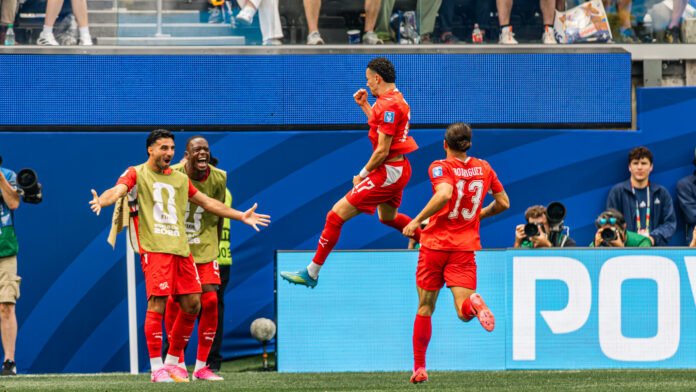 Ruben Vargas (17) Switzerland celebrates his goal that gives the 2-0 lead vs Bosnia at Sofi Stadium in Inglewood California on June 18th, 2026 Photo Credit - BZFilms Sports Marketing Agency - Bruno De Witt Zanotto