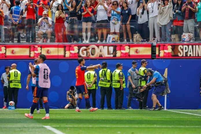 Spain midfielder Mikel Merino celebrating his game winning goal at a FIFA World Cup game at SoFi Stadium in Los Angeles on July 10th 2026. Photo Credit: Bruno De Witt Zanotto for LA Momentum