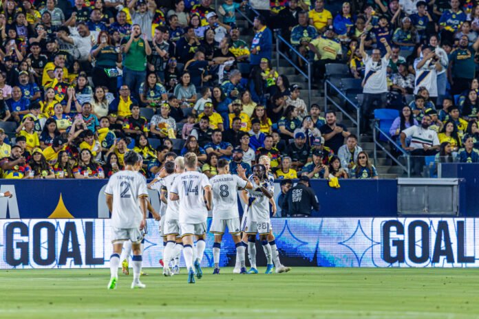 Los Angeles Galaxy Joseph Paintsil celebrates his goal vs Club America on July 11th, 2026 at Dignity Health Sports Park in Carson California. Phoot Credit BZFilms Sports Marketing Agency - Bruno De Witt Zanotto