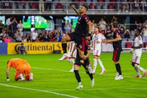MLS - Tai Baribo of DC United celebrating his late penalty score to secure the win for DC United at Audi Field in Washington DC, on July 25th 2026. Photo Credit - Omar Yair Soto